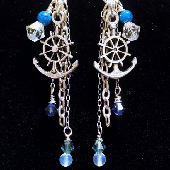 Handmade Jewelry - Handmade Boho Anchor Charm Navy Fishhook Earrings